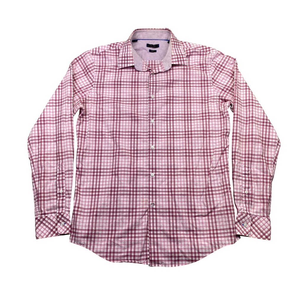 Esprit Collection Mens Slim Fit Plaid Button Down Shirt Pink Purple Cotton 16.5‎